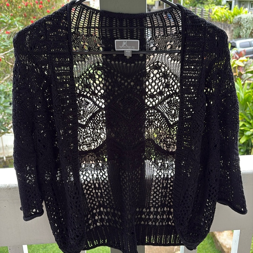 JM Collection Black Crochet Shrug
